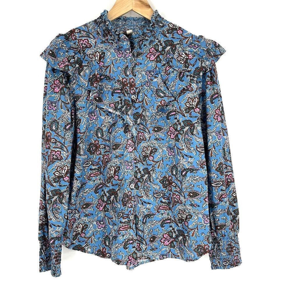 Loft Top Size Medium Bouquet Ruffle Yoke Shirt Button Up Paisley Smocked Prairie - Picture 1 of 10